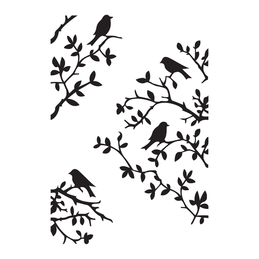 Reusable Stencil - Professional Quality - Birds On Branches - Made in the UK - Food Safe Non Adhesive - White Laser Cut PET Material for Cakes, Cookies, Coffees, Serving Plates