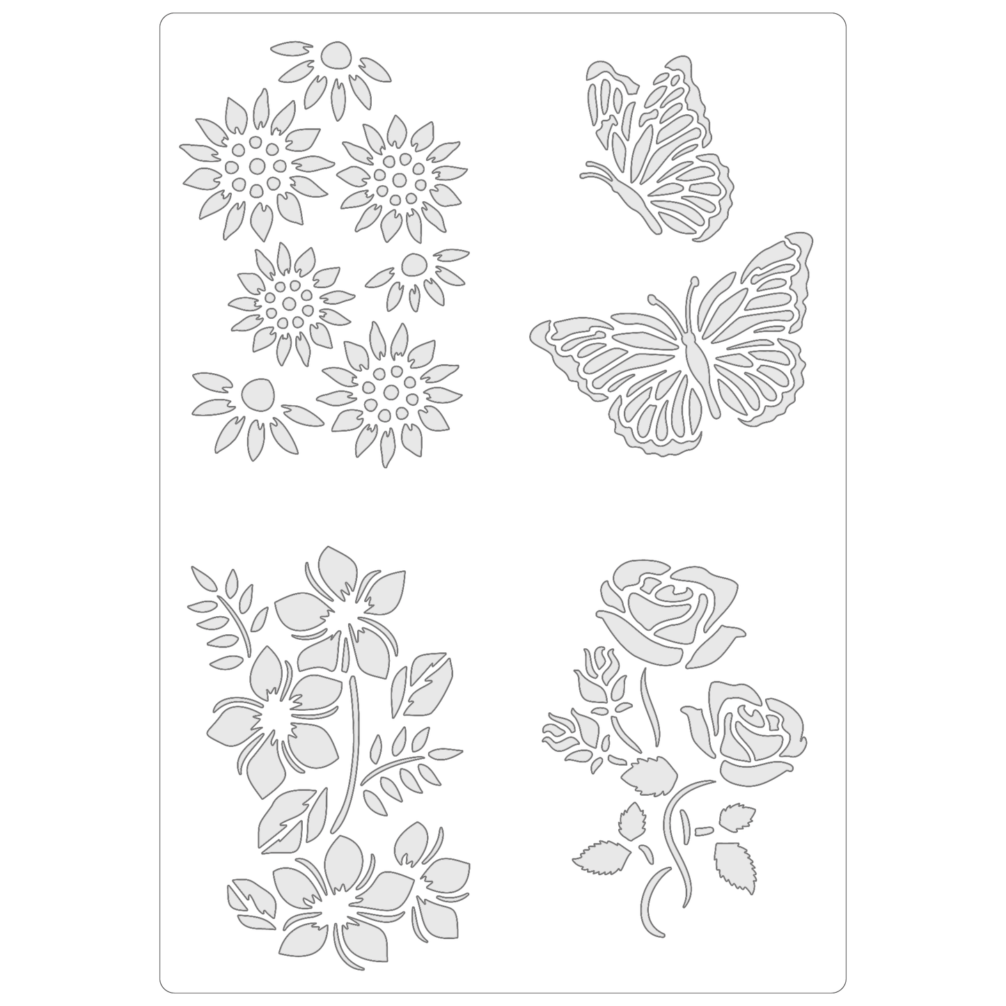 Reusable Stencil - Professional Quality - Butterflies & Flowers #2 - Made in the UK - Food Safe Non Adhesive - White Laser Cut PET Material for Cakes, Cookies, Coffees, Serving Plates