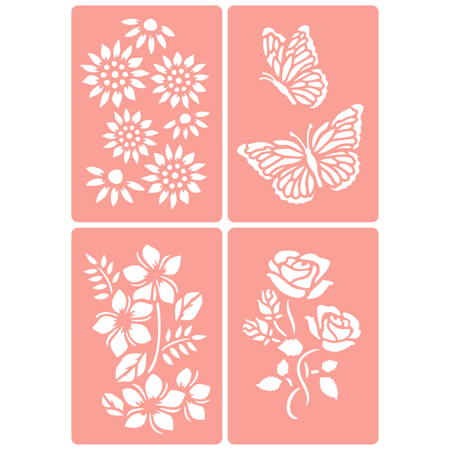 Reusable Stencil - Professional Quality - Butterflies & Flowers #2 - Made in the UK - High Adhesive - Pink Vinyl Material for Glass, Mirrors, Bottles, Tiles, Wood