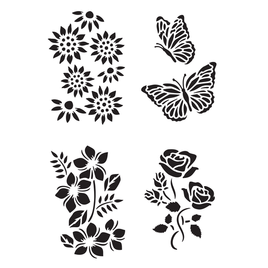 Reusable Stencil - Professional Quality - Butterflies & Flowers #2 - Made in the UK - Food Safe Non Adhesive - White Laser Cut PET Material for Cakes, Cookies, Coffees, Serving Plates