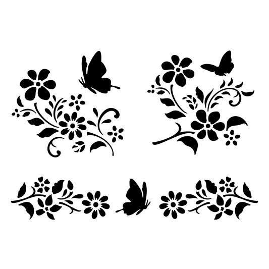 Reusable Stencil - Professional Quality - Butterflies & Flowers - Made in the UK - Food Safe Non Adhesive - White Laser Cut PET Material for Cakes, Cookies, Coffees, Serving Plates