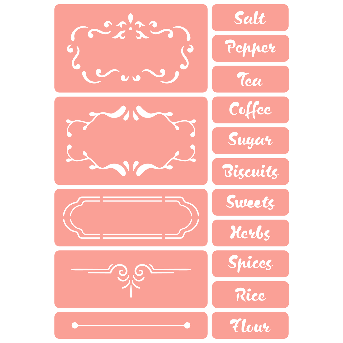 Reusable Stencil - Professional Quality - Country Kitchen Labels - Made in the UK - High Adhesive - Pink Vinyl Material for Glass, Mirrors, Bottles, Tiles, Wood
