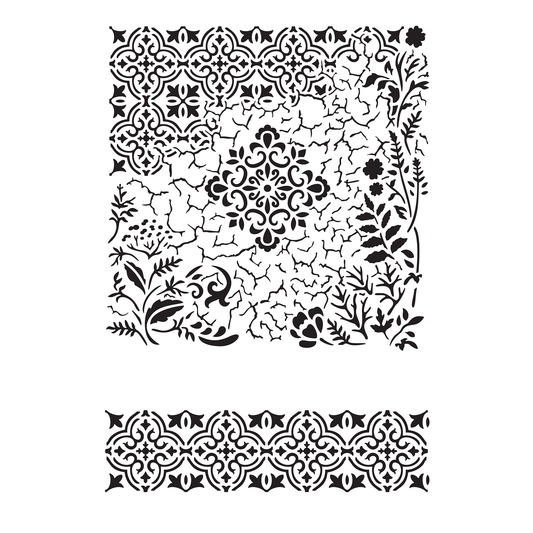 Reusable Stencil - Professional Quality - Crackle & Leaves Mix Media - Made in the UK - High Adhesive - Pink Vinyl Material for Glass, Mirrors, Bottles, Tiles, Wood