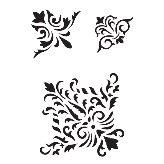 Reusable Stencil - Professional Quality - Damask Corners #1 - Made in the UK - Food Safe Non Adhesive - White Laser Cut PET Material for Cakes, Cookies, Coffees, Serving Plates