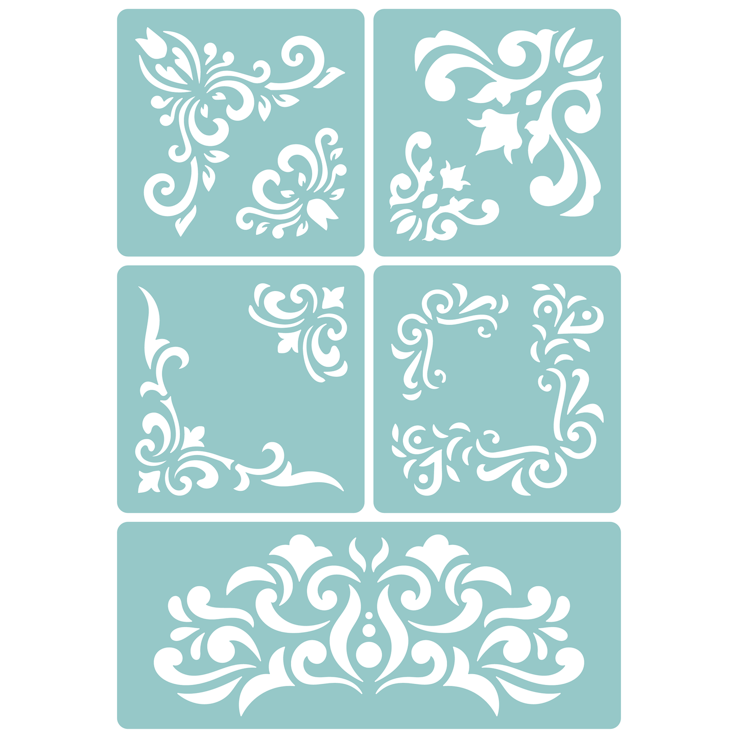 Reusable Stencil - Professional Quality - Damask Corners #2 - Made in the UK - Low Adhesive - Blue Vinyl Material for Cardmaking, Canvas, Paper, Interior Decor, Layering