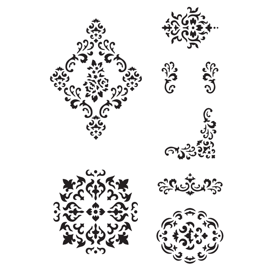 Reusable Stencil - Professional Quality - Damask Motif Collection - Made in the UK - Food Safe Non Adhesive - White Laser Cut PET Material for Cakes, Cookies, Coffees, Serving Plates