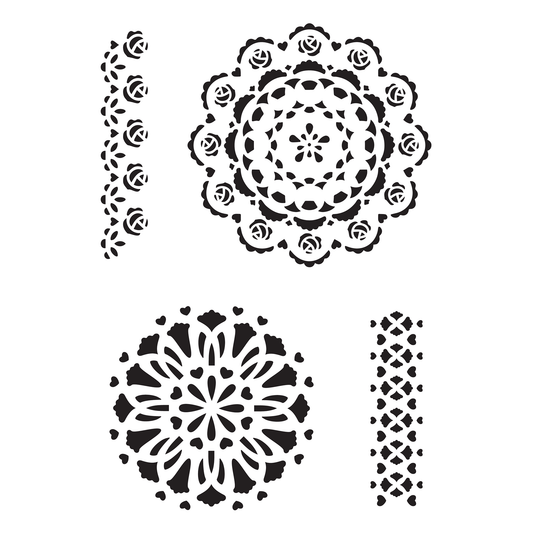 Reusable Stencil - Professional Quality - Doilies & Borders - Made in the UK - Food Safe Non Adhesive - White Laser Cut PET Material for Cakes, Cookies, Coffees, Serving Plates