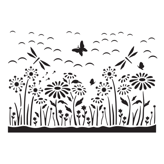 Reusable Stencil - Professional Quality - Dragonfly Meadow - Made in the UK - Food Safe Non Adhesive - White Laser Cut PET Material for Cakes, Cookies, Coffees, Serving Plates