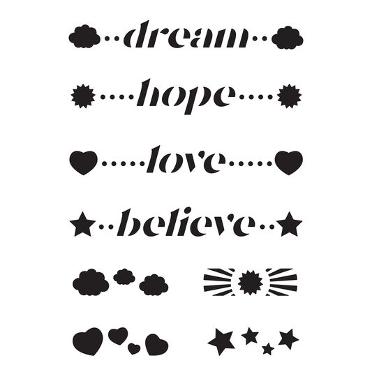 Reusable Stencil - Professional Quality - Dream, Hope, Love, Believe - Made in the UK - Food Safe Non Adhesive - White Laser Cut PET Material for Cakes, Cookies, Coffees, Serving Plates