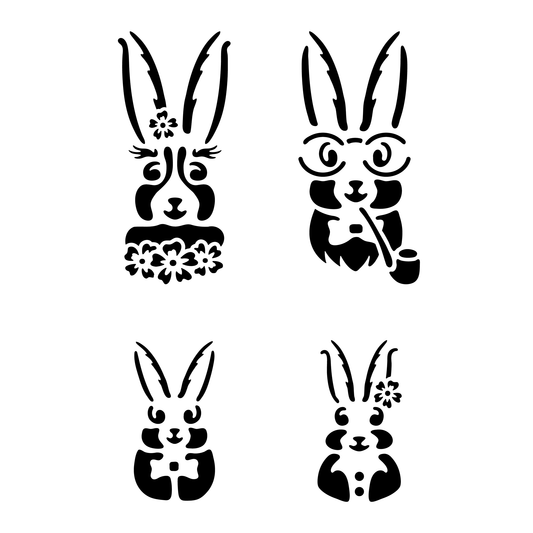 Reusable Stencil - Professional Quality - Easter Bunny Family - Made in the UK - Food Safe Non Adhesive - White Laser Cut PET Material for Cakes, Cookies, Coffees, Serving Plates