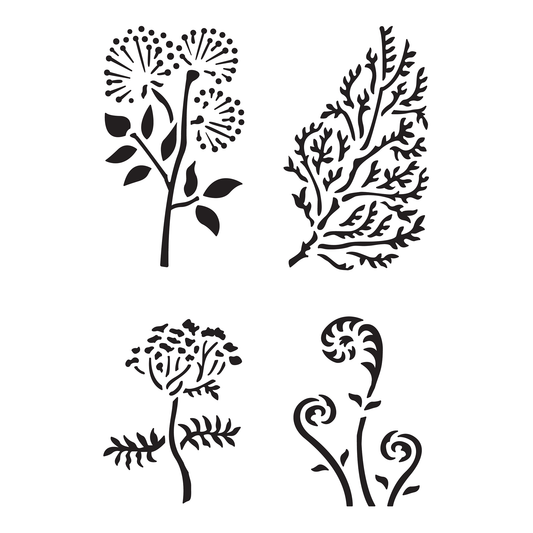 Reusable Stencil - Professional Quality - Ferns & Flowers #1 - Made in the UK - Food Safe Non Adhesive - White Laser Cut PET Material for Cakes, Cookies, Coffees, Serving Plates