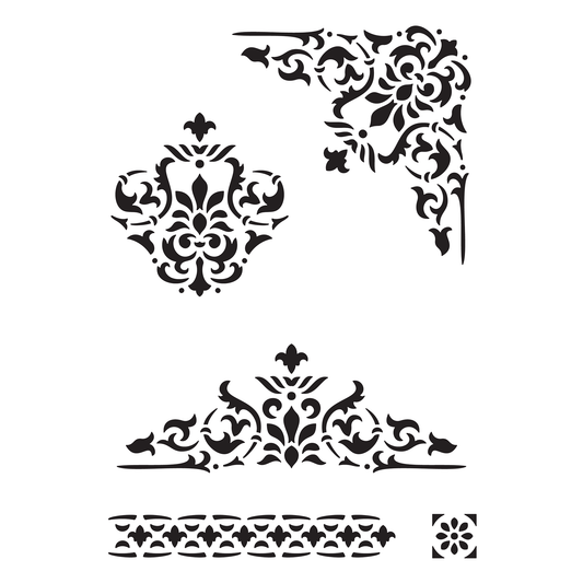 Reusable Stencil - Professional Quality - Fleur de Lys Motifs - Made in the UK - Food Safe Non Adhesive - White Laser Cut PET Material for Cakes, Cookies, Coffees, Serving Plates