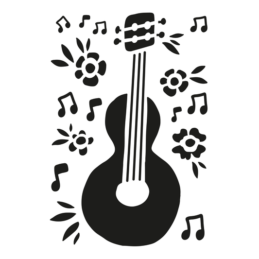 Reusable Stencil - Professional Quality - Floral Flamenco Guitar - Made in the UK - Food Safe Non Adhesive - White Laser Cut PET Material for Cakes, Cookies, Coffees, Serving Plates