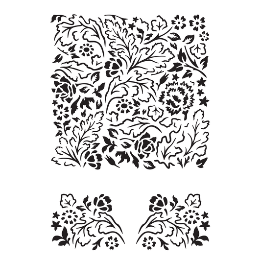 Reusable Stencil - Professional Quality - Flowers & Leaves Background - Made in the UK - Food Safe Non Adhesive - White Laser Cut PET Material for Cakes, Cookies, Coffees, Serving Plates