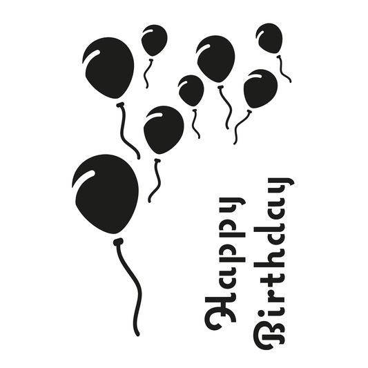 Reusable Stencil - Professional Quality - Happy Birthday Balloons - Made in the UK - Food Safe Non Adhesive - White Laser Cut PET Material for Cakes, Cookies, Coffees, Serving Plates