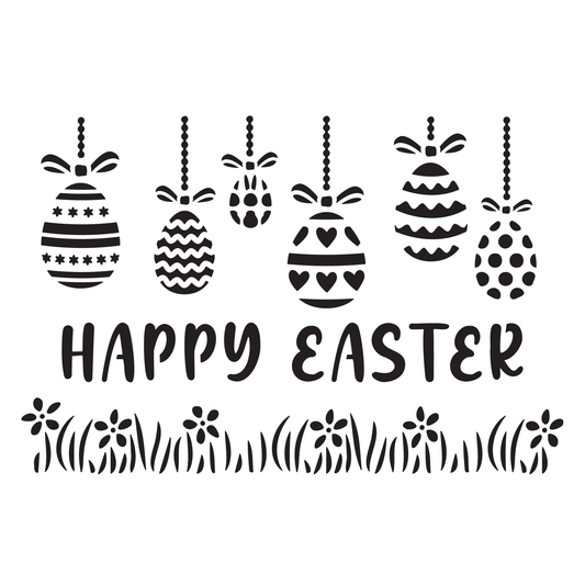 Reusable Stencil - Professional Quality - Happy Easter Baubles - Made in the UK - Food Safe Non Adhesive - White Laser Cut PET Material for Cakes, Cookies, Coffees, Serving Plates