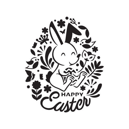 Reusable Stencil - Professional Quality - Happy Easter Bunny - Made in the UK - Food Safe Non Adhesive - White Laser Cut PET Material for Cakes, Cookies, Coffees, Serving Plates