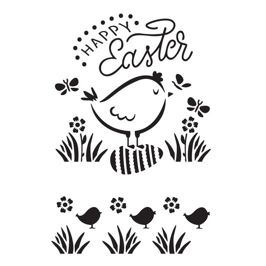 Reusable Stencil - Professional Quality - Happy Easter Chick & Egg - Made in the UK - Food Safe Non Adhesive - White Laser Cut PET Material for Cakes, Cookies, Coffees, Serving Plates
