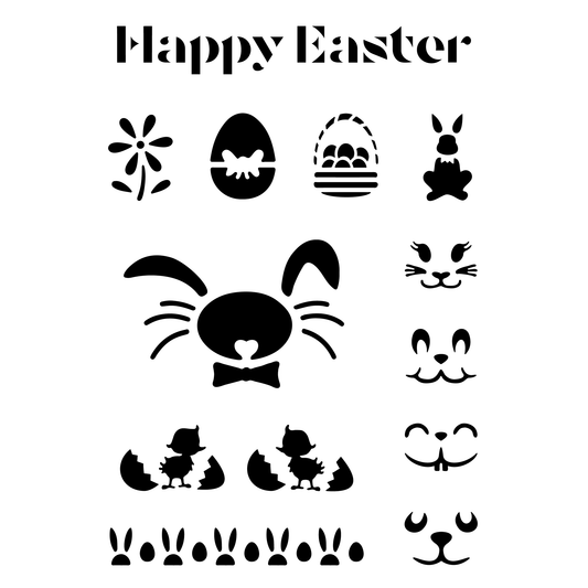 Reusable Stencil - Professional Quality - Happy Easter Collection - Made in the UK - Food Safe Non Adhesive - White Laser Cut PET Material for Cakes, Cookies, Coffees, Serving Plates