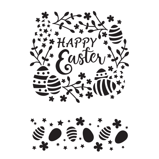 Reusable Stencil - Professional Quality - Happy Easter Wreath - Made in the UK - Food Safe Non Adhesive - White Laser Cut PET Material for Cakes, Cookies, Coffees, Serving Plates
