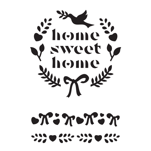 Reusable Stencil - Professional Quality - Home Sweet Home Wreath - Made in the UK - Food Safe Non Adhesive - White Laser Cut PET Material for Cakes, Cookies, Coffees, Serving Plates