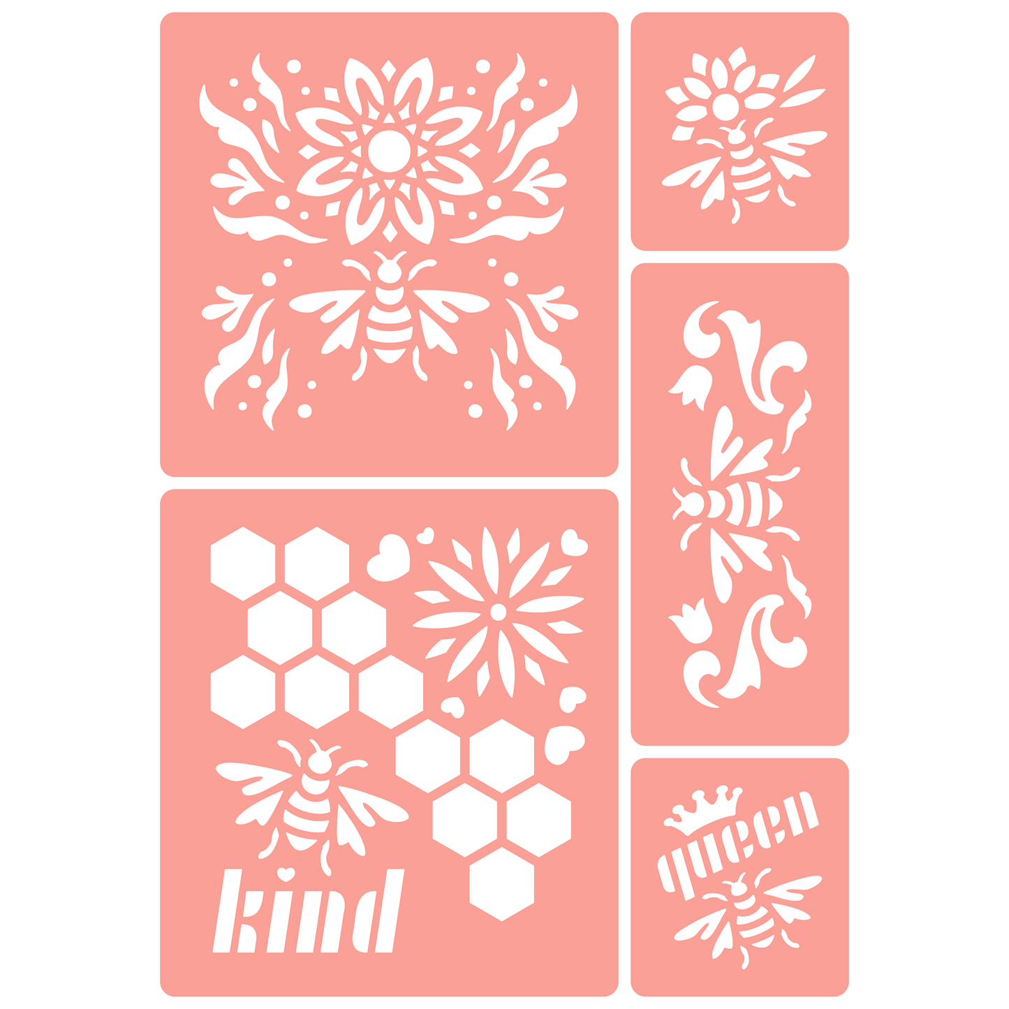 Reusable Stencil - Professional Quality - Honey Bee Selection #1 - Made in the UK - High Adhesive - Pink Vinyl Material for Glass, Mirrors, Bottles, Tiles, Wood