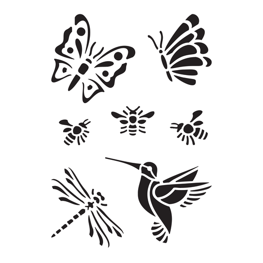 Reusable Stencil - Professional Quality - Hummingbird & Insects - Made in the UK - Food Safe Non Adhesive - White Laser Cut PET Material for Cakes, Cookies, Coffees, Serving Plates