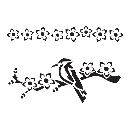Reusable Stencil - Professional Quality - Kingfisher & Blossom - Made in the UK - Food Safe Non Adhesive - White Laser Cut PET Material for Cakes, Cookies, Coffees, Serving Plates