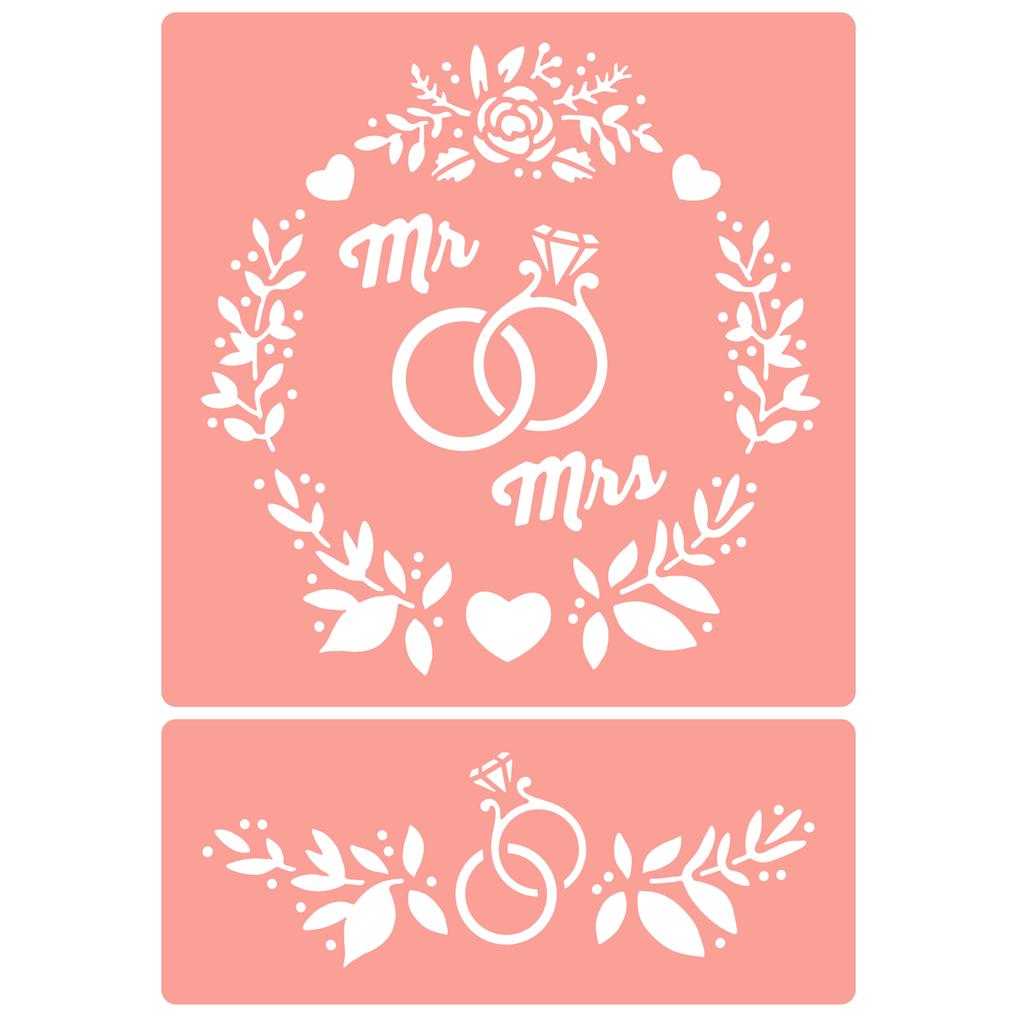 Reusable Stencil - Professional Quality - Mr & Mrs Wedding Rings - Made in the UK - High Adhesive - Pink Vinyl Material for Glass, Mirrors, Bottles, Tiles, Wood