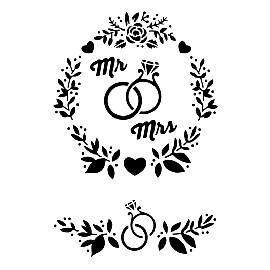 Reusable Stencil - Professional Quality - Mr & Mrs Wedding Rings - Made in the UK - High Adhesive - Pink Vinyl Material for Glass, Mirrors, Bottles, Tiles, Wood