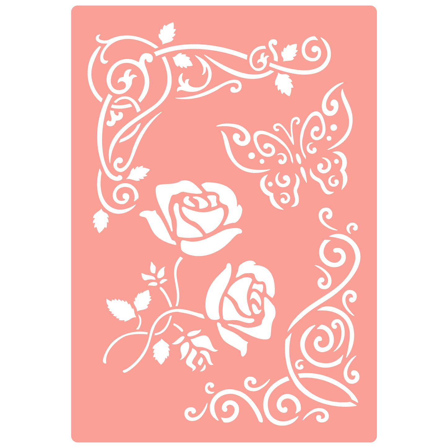 Reusable Stencil - Professional Quality - Rose & Butterfly Corners - Made in the UK - High Adhesive - Pink Vinyl Material for Glass, Mirrors, Bottles, Tiles, Wood