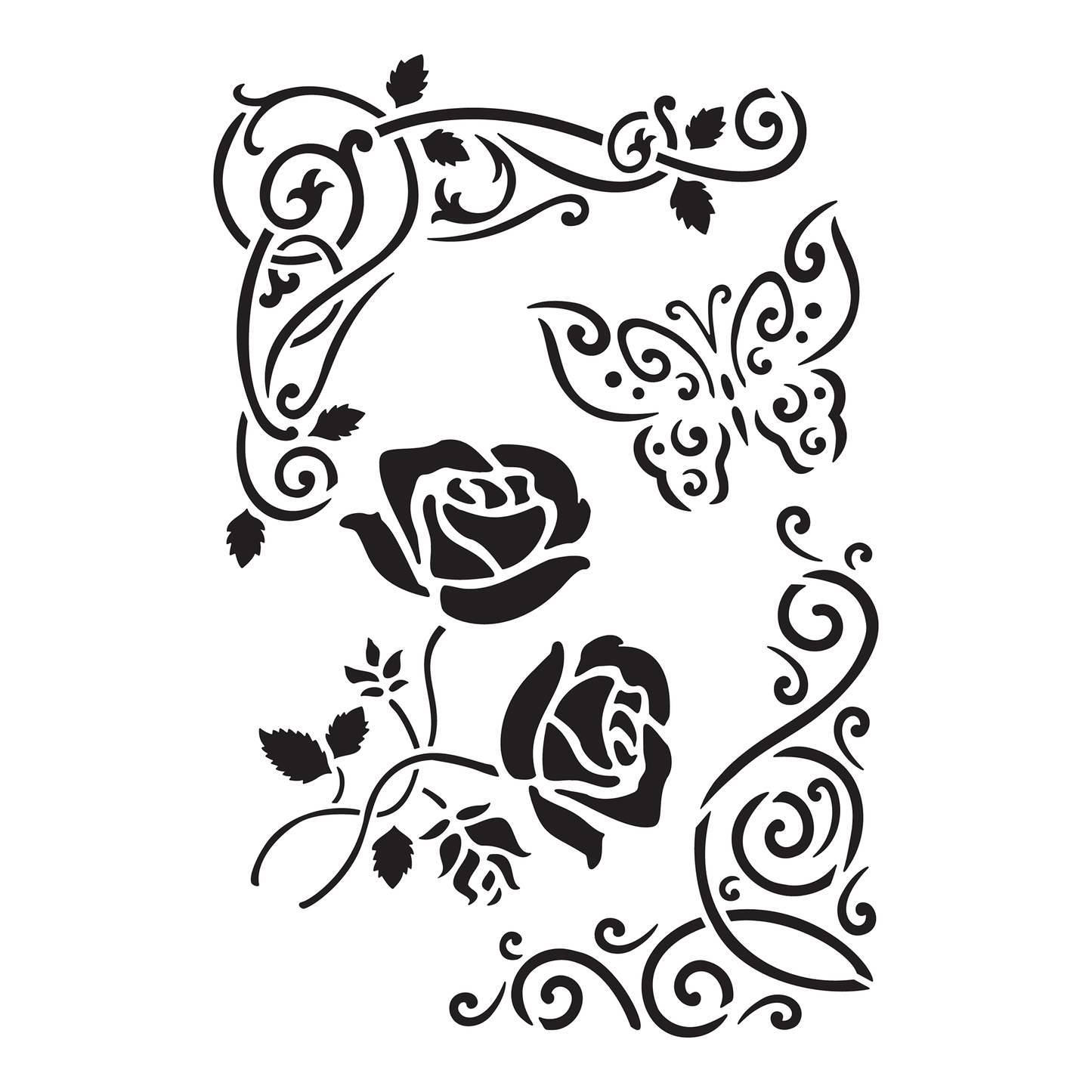 Reusable Stencil - Professional Quality - Rose & Butterfly Corners - Made in the UK - High Adhesive - Pink Vinyl Material for Glass, Mirrors, Bottles, Tiles, Wood