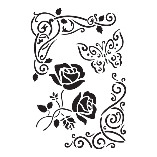 Reusable Stencil - Professional Quality - Rose & Butterfly Corners - Made in the UK - Food Safe Non Adhesive - White Laser Cut PET Material for Cakes, Cookies, Coffees, Serving Plates