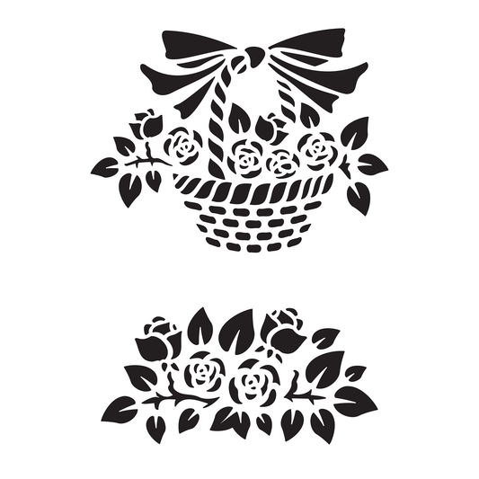 Reusable Stencil - Professional Quality - Rose Basket - Made in the UK - Food Safe Non Adhesive - White Laser Cut PET Material for Cakes, Cookies, Coffees, Serving Plates