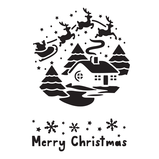 Reusable Stencil - Professional Quality - Santa & Sleigh Roundel - Made in the UK - Food Safe Non Adhesive - White Laser Cut PET Material for Cakes, Cookies, Coffees, Serving Plates