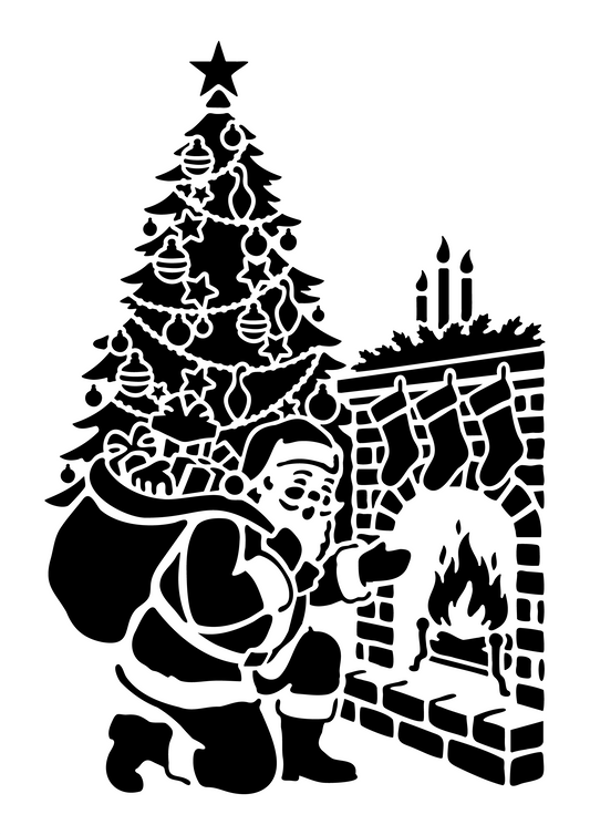Santa By The Fireplace | Reusable Food Safe Stencil | White Laser Cut PET Material for Cakes, Cookies, Coffees, Serving Plates | Made in the UK