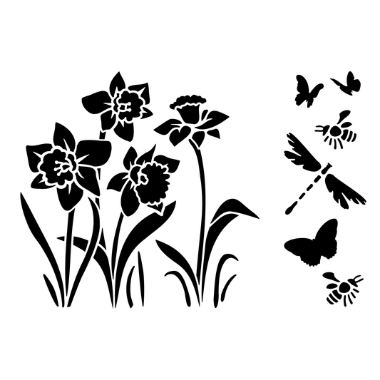 Reusable Stencil - Professional Quality - Spring Daffodils - Made in the UK - Food Safe Non Adhesive - White Laser Cut PET Material for Cakes, Cookies, Coffees, Serving Plates