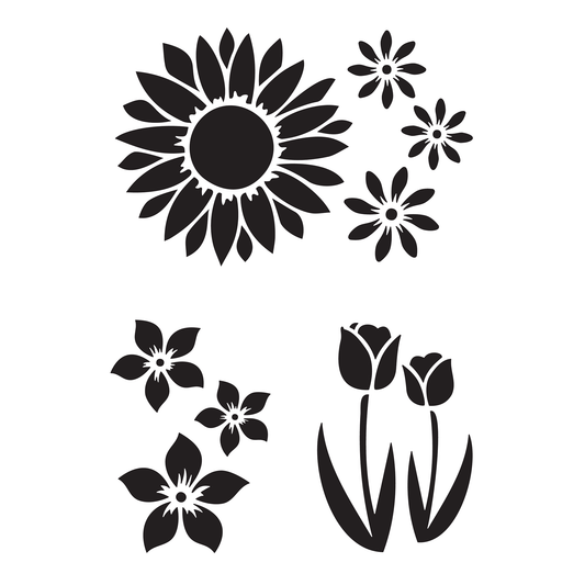 Reusable Stencil - Professional Quality - Spring Flower Motifs - Made in the UK - Food Safe Non Adhesive - White Laser Cut PET Material for Cakes, Cookies, Coffees, Serving Plates