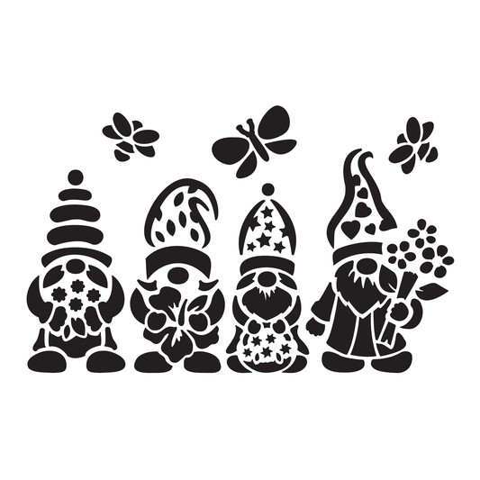 Reusable Stencil - Professional Quality - Spring Gnomes #1 - Made in the UK - High Adhesive - Pink Vinyl Material for Glass, Mirrors, Bottles, Tiles, Wood