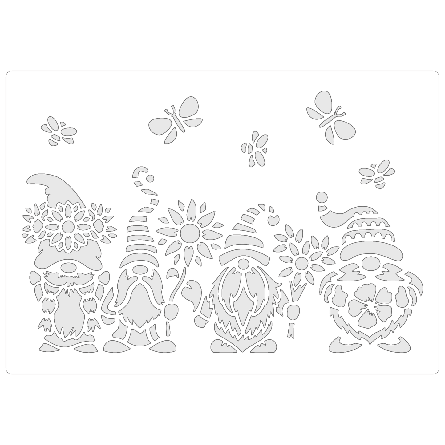 Reusable Stencil - Professional Quality - Spring Gnomes #2 - Made in the UK - Food Safe Non Adhesive - White Laser Cut PET Material for Cakes, Cookies, Coffees, Serving Plates