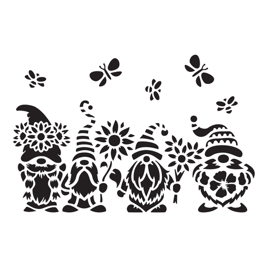 Reusable Stencil - Professional Quality - Spring Gnomes #2 - Made in the UK - High Adhesive - Pink Vinyl Material for Glass, Mirrors, Bottles, Tiles, Wood