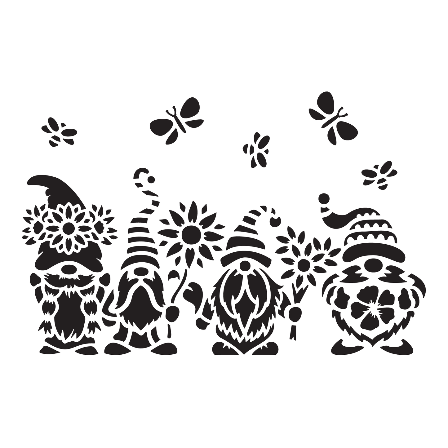 Reusable Stencil - Professional Quality - Spring Gnomes #2 - Made in the UK - Food Safe Non Adhesive - White Laser Cut PET Material for Cakes, Cookies, Coffees, Serving Plates
