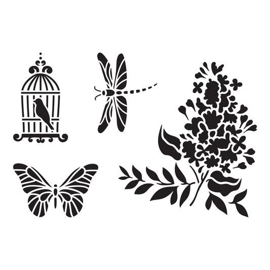 Reusable Stencil - Professional Quality - Springtime Birdcage - Made in the UK - Food Safe Non Adhesive - White Laser Cut PET Material for Cakes, Cookies, Coffees, Serving Plates