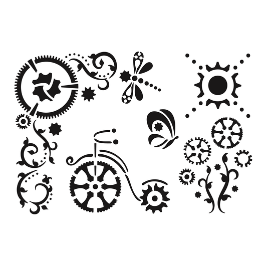 Reusable Stencil - Professional Quality - Steampunk Garden - Made in the UK - Low Adhesive - Blue Vinyl Material for Cardmaking, Canvas, Paper, Interior Decor, Layering