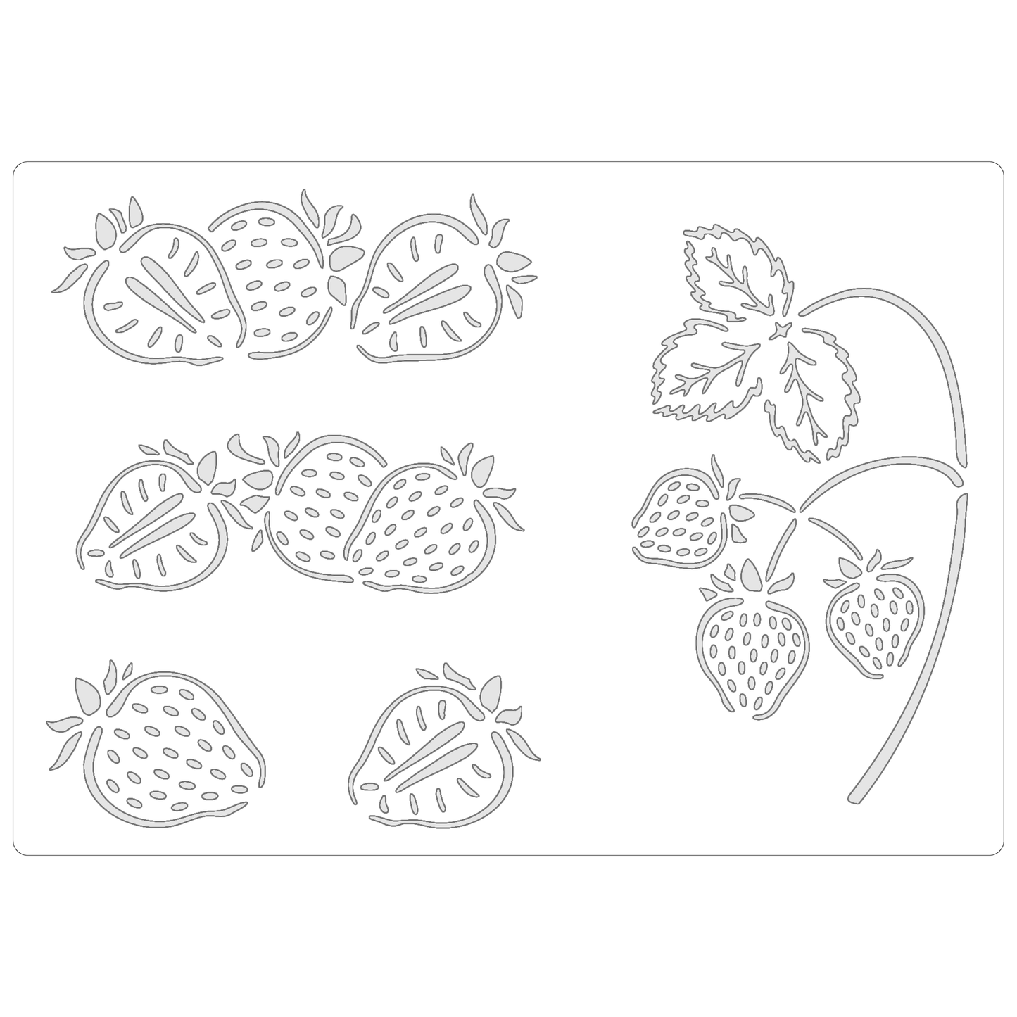 Reusable Stencil - Professional Quality - Strawberries Selection #1 - Made in the UK - Food Safe Non Adhesive - White Laser Cut PET Material for Cakes, Cookies, Coffees, Serving Plates