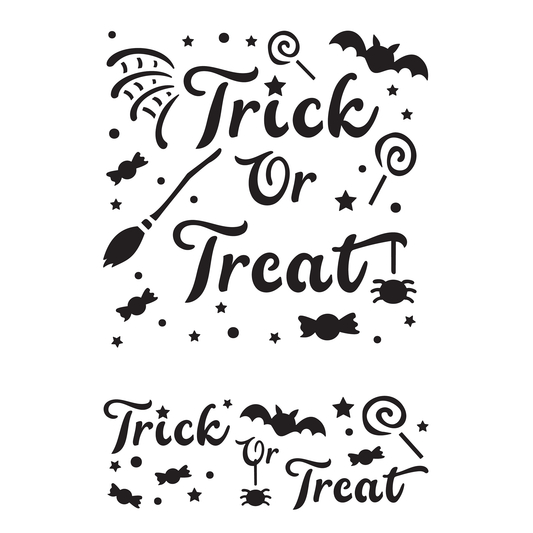 Reusable Stencil - Professional Quality - Trick Or Treat - Made in the UK - Food Safe Non Adhesive - White Laser Cut PET Material for Cakes, Cookies, Coffees, Serving Plates