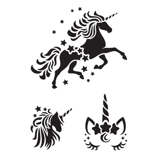 Reusable Stencil - Professional Quality - Unicorn Collection #2 - Made in the UK - Food Safe Non Adhesive - White Laser Cut PET Material for Cakes, Cookies, Coffees, Serving Plates