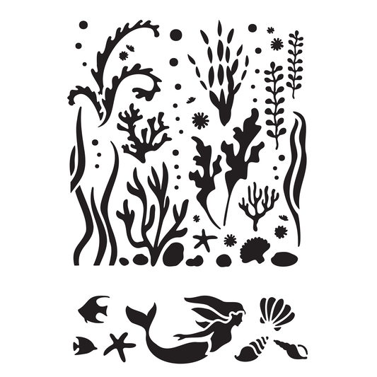 Reusable Stencil - Professional Quality - Water Plants & Mermaid - Made in the UK - High Adhesive - Pink Vinyl Material for Glass, Mirrors, Bottles, Tiles, Wood