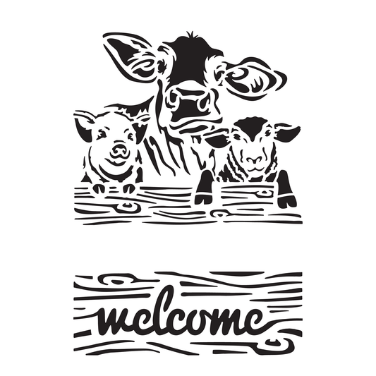 Reusable Stencil - Professional Quality - Welcome Farm Animals - Made in the UK - Food Safe Non Adhesive - White Laser Cut PET Material for Cakes, Cookies, Coffees, Serving Plates