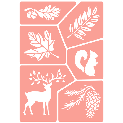 Reusable Stencil - Professional Quality - Autumn Forest - Made in the UK - High Adhesive -  Pink Vinyl Material for Glass, Mirrors, Bottles, Tiles, Wood